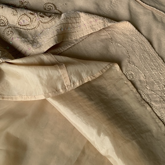 TAN LINEN & RAYON A-LINE MIDI SKIRT WITH SEQUIN EMBROIDERY / 14 - Picture 5 of 6